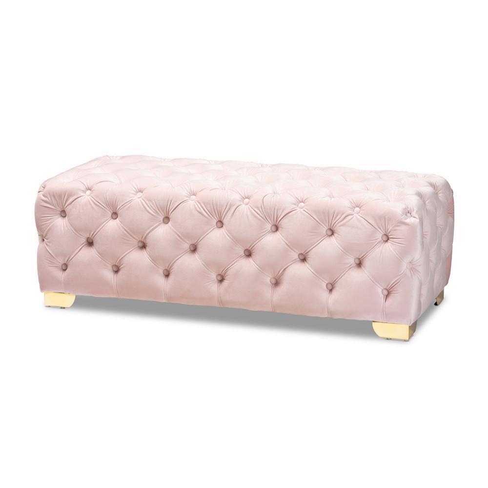 Avara Glam and Luxe Light Pink Velvet Fabric Upholstered Gold Finished Button Tufted Bench Ottoman FredCo