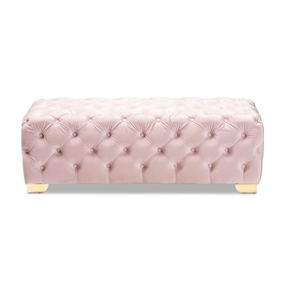 Avara Glam and Luxe Light Pink Velvet Fabric Upholstered Gold Finished Button Tufted Bench Ottoman FredCo