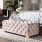 Avara Glam and Luxe Light Pink Velvet Fabric Upholstered Gold Finished Button Tufted Bench Ottoman FredCo