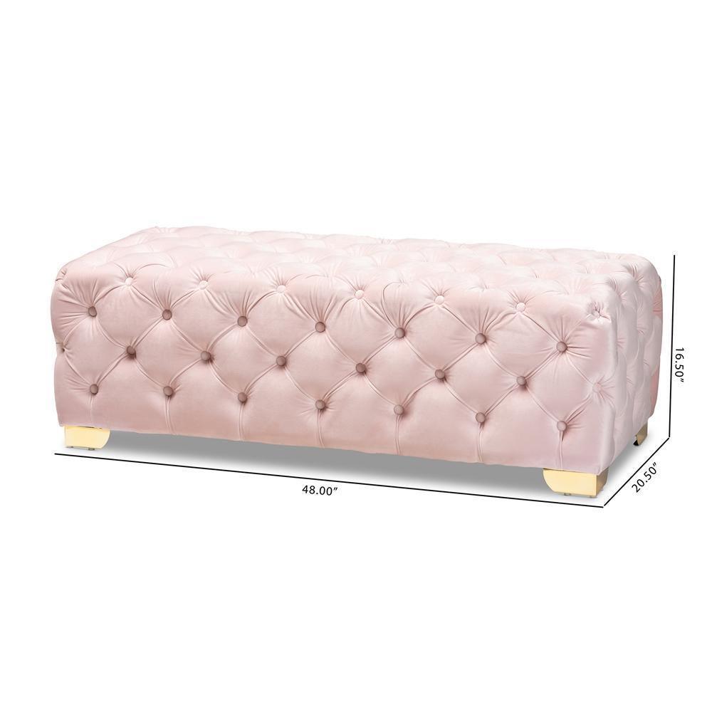 Avara Glam and Luxe Light Pink Velvet Fabric Upholstered Gold Finished Button Tufted Bench Ottoman FredCo