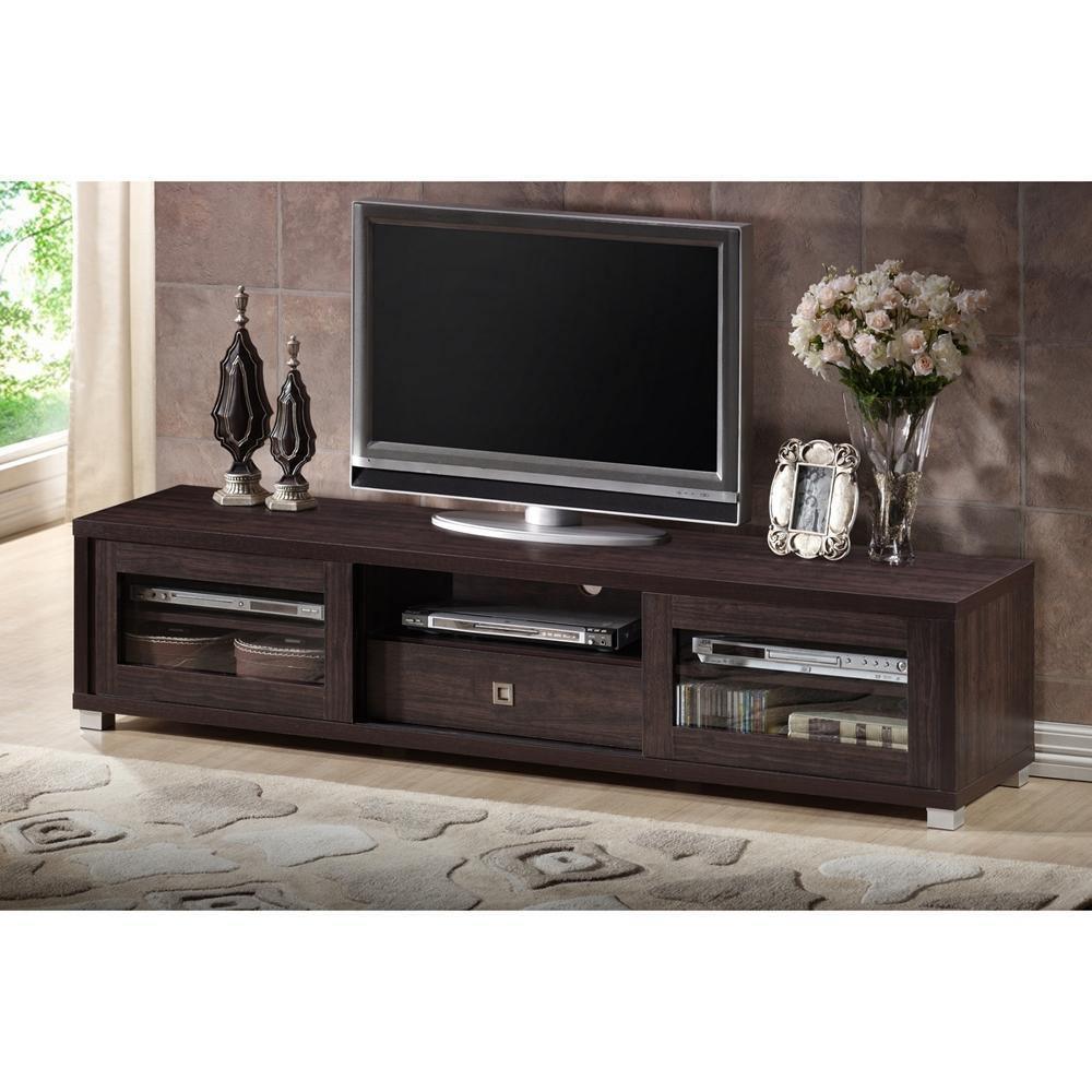 Beasley 70-Inch Dark Brown TV Cabinet with 2 Sliding Doors and Drawer FredCo