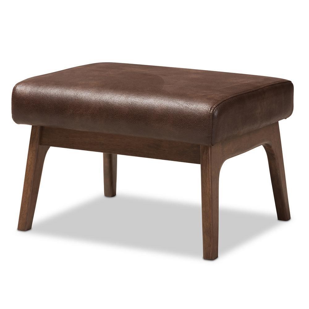 Bianca Mid-Century Modern Walnut Wood Dark Brown Distressed Faux Leather Ottoman FredCo