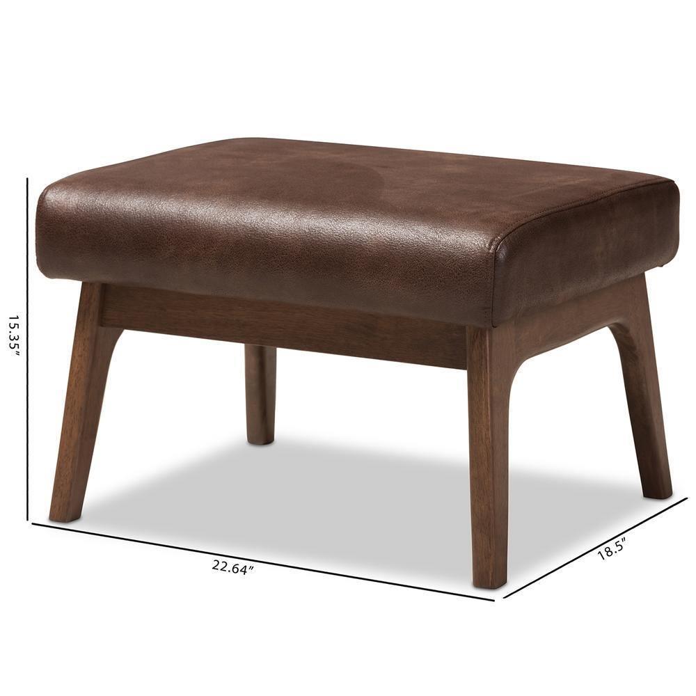 Bianca Mid-Century Modern Walnut Wood Dark Brown Distressed Faux Leather Ottoman FredCo