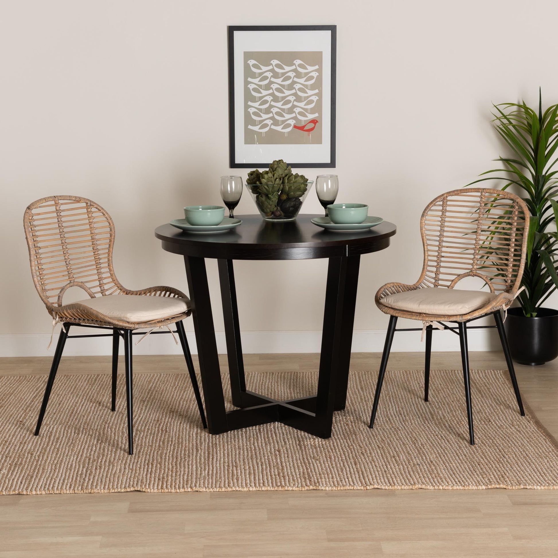 Brenna Modern Bohemian Greywashed Rattan and Black Metal Dining Chair FredCo