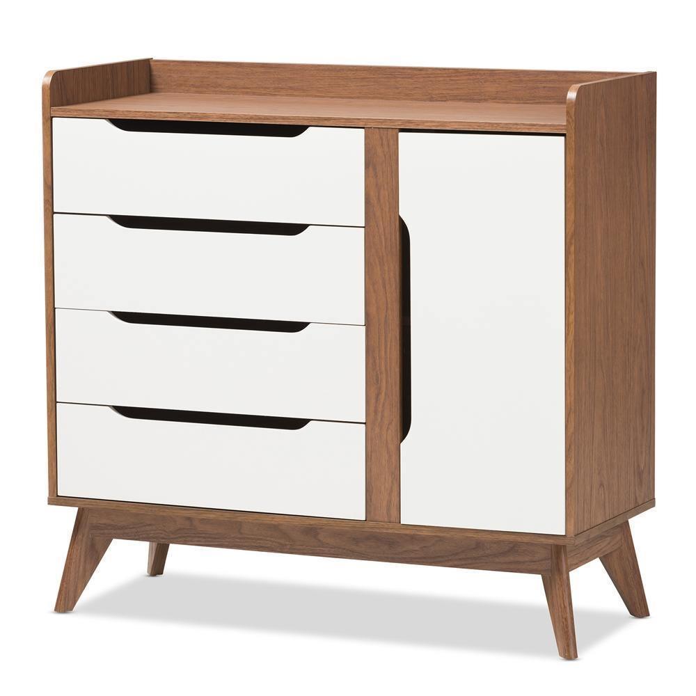 Brighton Mid-Century Modern White and Walnut Wood Storage Shoe Cabinet FredCo