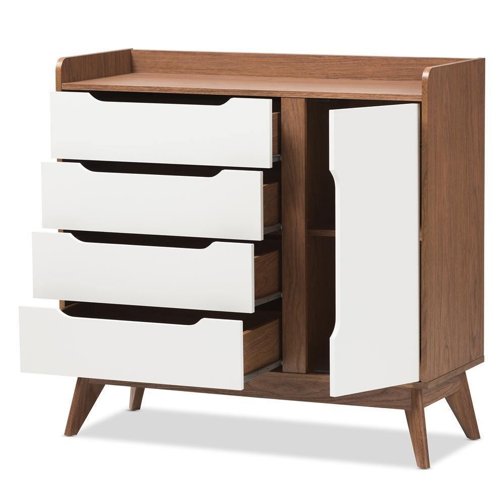 Brighton Mid-Century Modern White and Walnut Wood Storage Shoe Cabinet FredCo