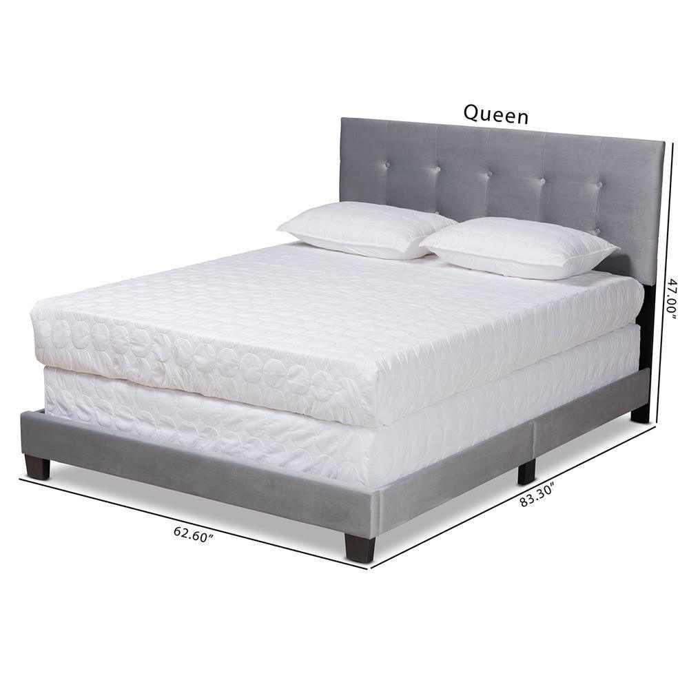 Caprice Modern and Contemporary Glam Grey Velvet Fabric Upholstered Queen Size Panel Bed FredCo