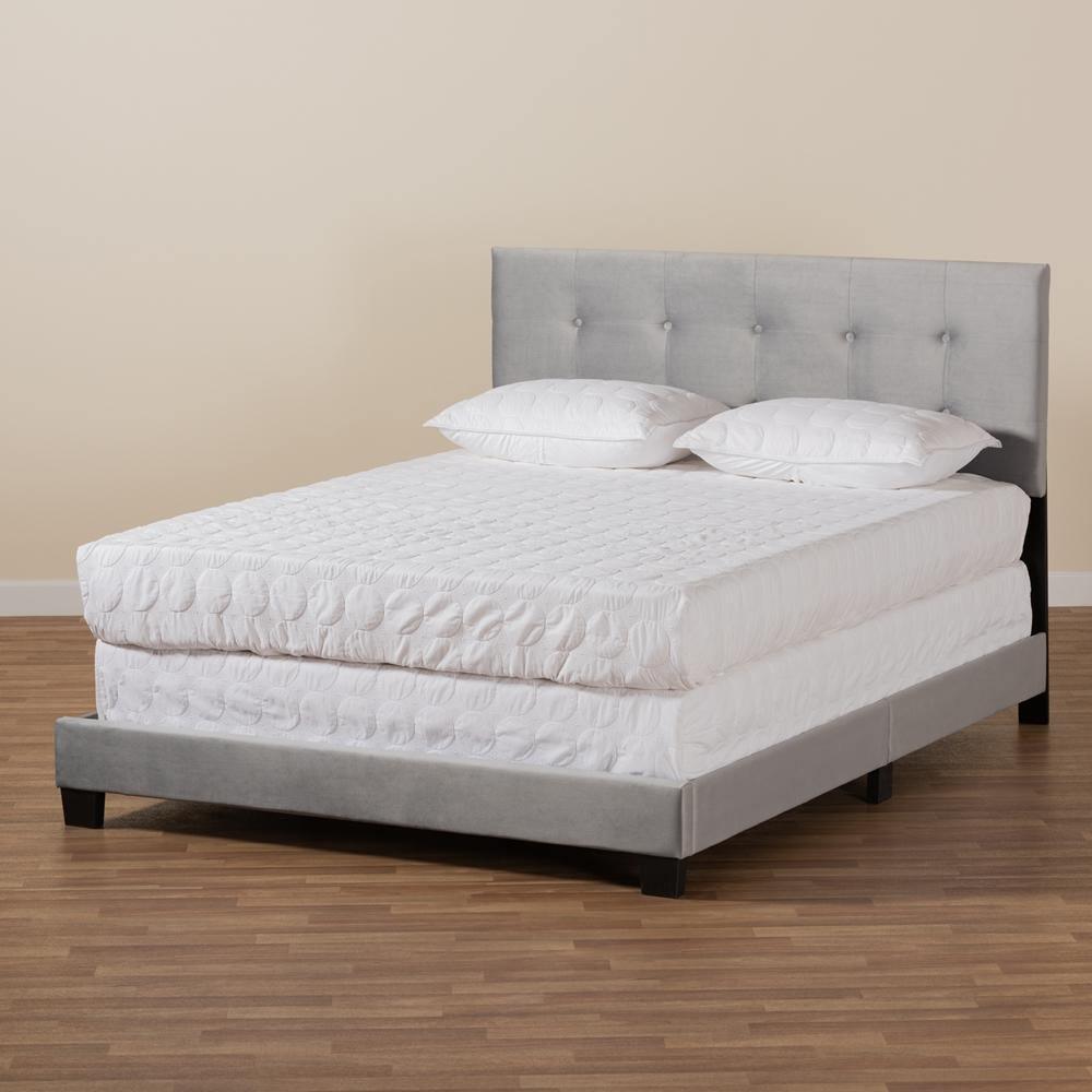 Caprice Modern and Contemporary Glam Grey Velvet Fabric Upholstered Queen Size Panel Bed FredCo