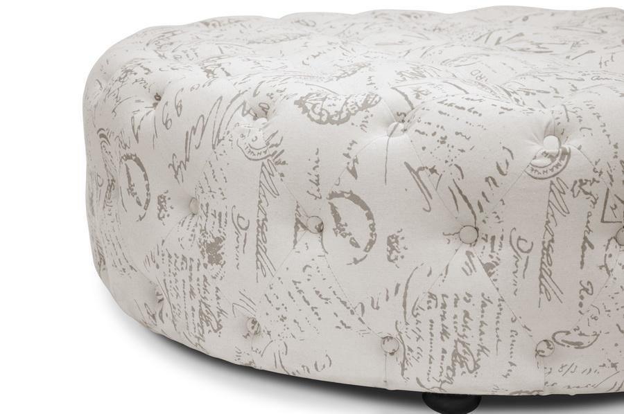 Cardiff Beige Script Print Modern Tufted Ottoman FredCo