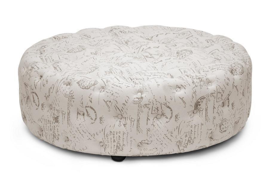 Cardiff Beige Script Print Modern Tufted Ottoman FredCo