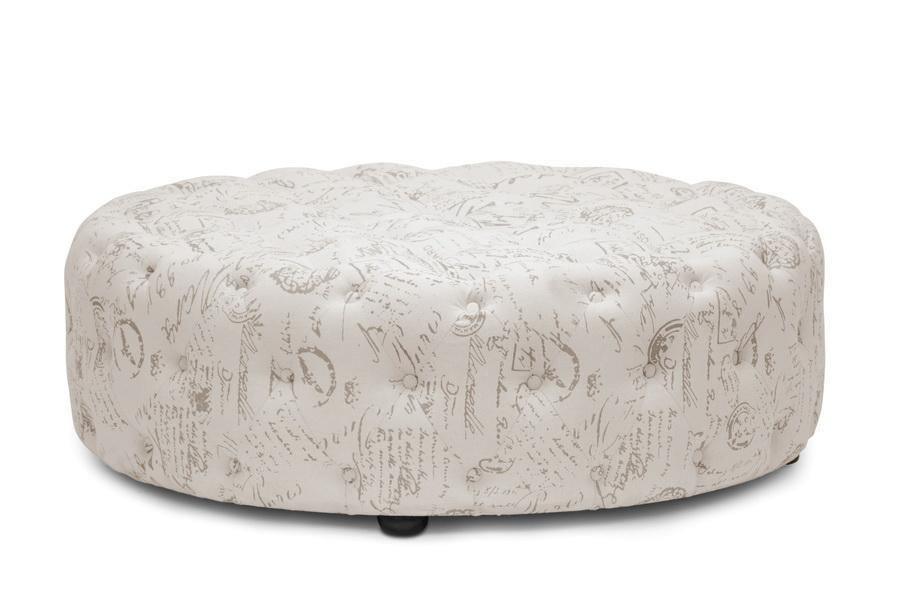 Cardiff Beige Script Print Modern Tufted Ottoman FredCo