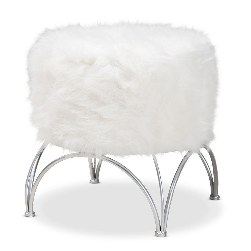 Celia Modern and Contemporary White Faux Fur Upholstered Silver Metal Ottoman FredCo