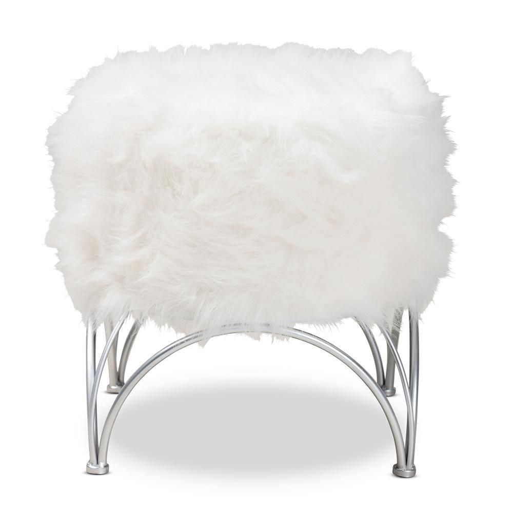 Celia Modern and Contemporary White Faux Fur Upholstered Silver Metal Ottoman FredCo