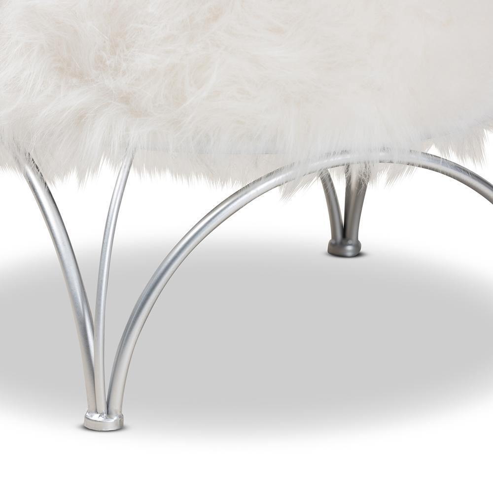 Celia Modern and Contemporary White Faux Fur Upholstered Silver Metal Ottoman FredCo