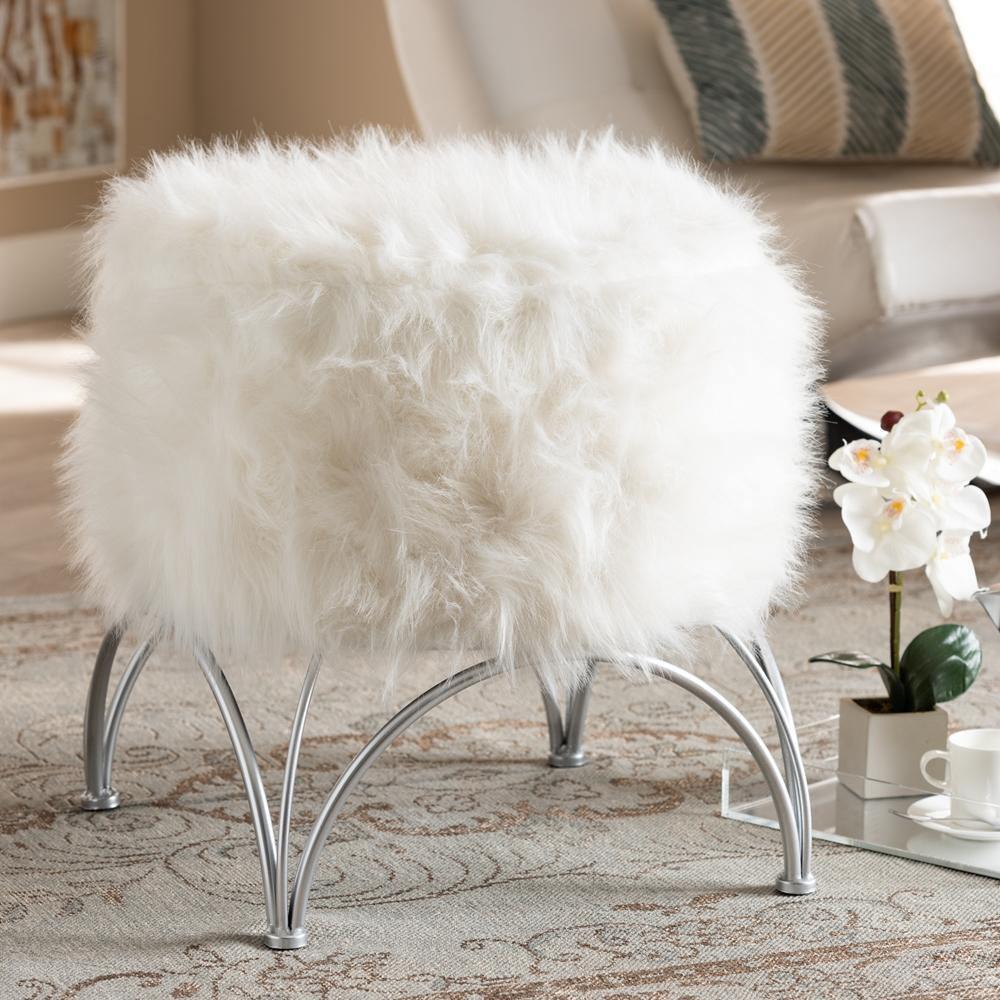 Celia Modern and Contemporary White Faux Fur Upholstered Silver Metal Ottoman FredCo