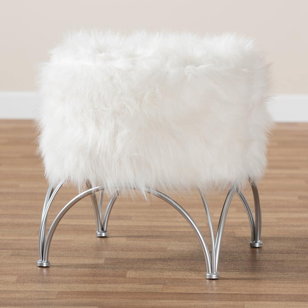 Celia Modern and Contemporary White Faux Fur Upholstered Silver Metal Ottoman FredCo