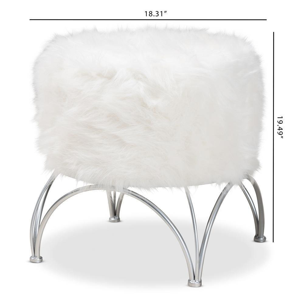 Celia Modern and Contemporary White Faux Fur Upholstered Silver Metal Ottoman FredCo