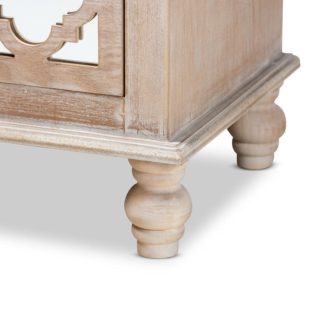 Celia Transitional Rustic French Country White-Washed Wood and Mirror 2-Drawer Quatrefoil Nightstand FredCo