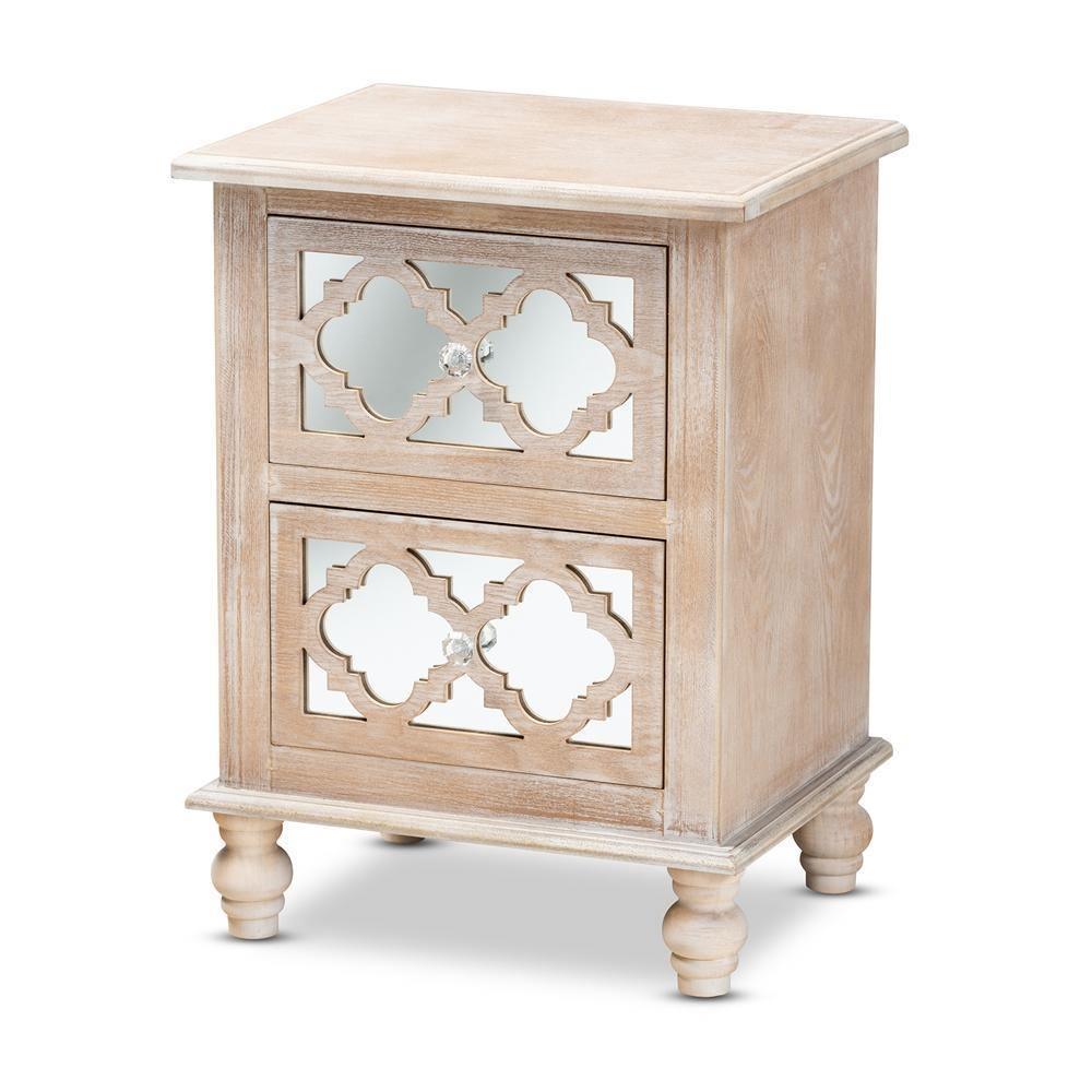 Celia Transitional Rustic French Country White-Washed Wood and Mirror 2-Drawer Quatrefoil Nightstand FredCo