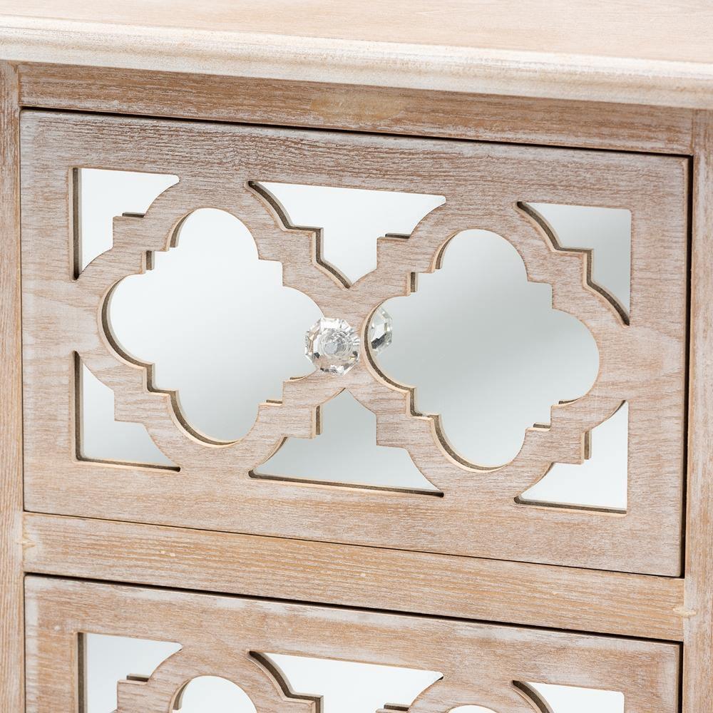 Celia Transitional Rustic French Country White-Washed Wood and Mirror 2-Drawer Quatrefoil Nightstand FredCo