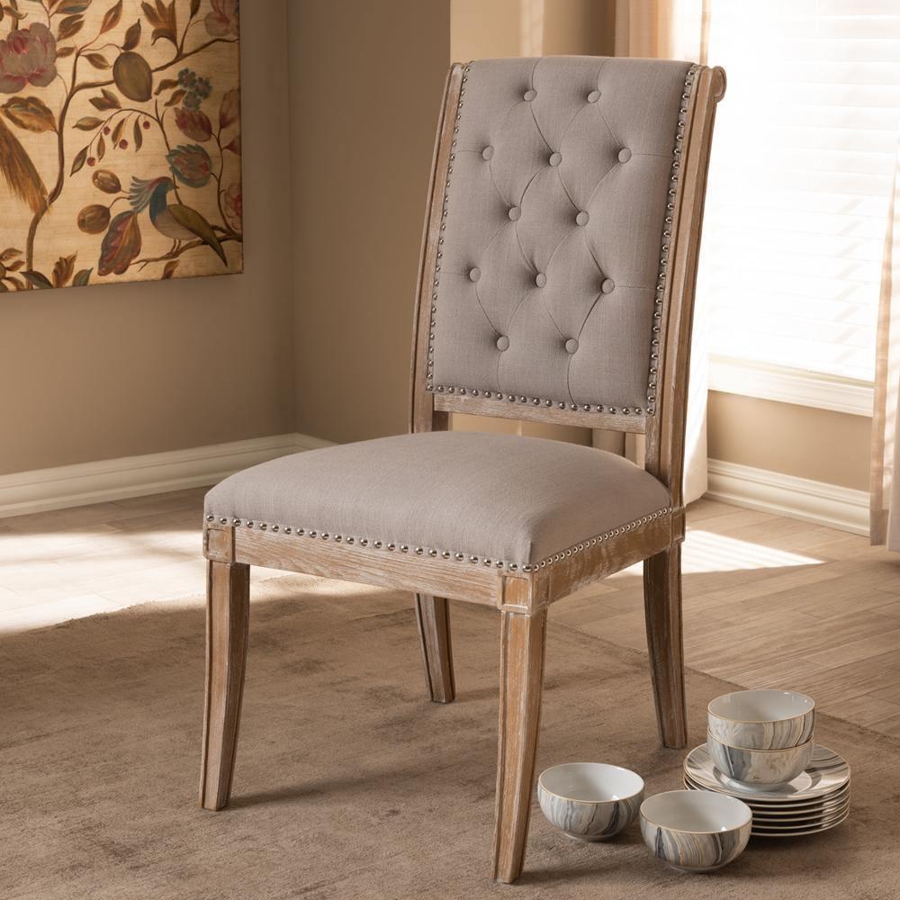 Charmant French Provincial Beige Fabric Upholstered Weathered Oak Finished Wood Dining Chair FredCo