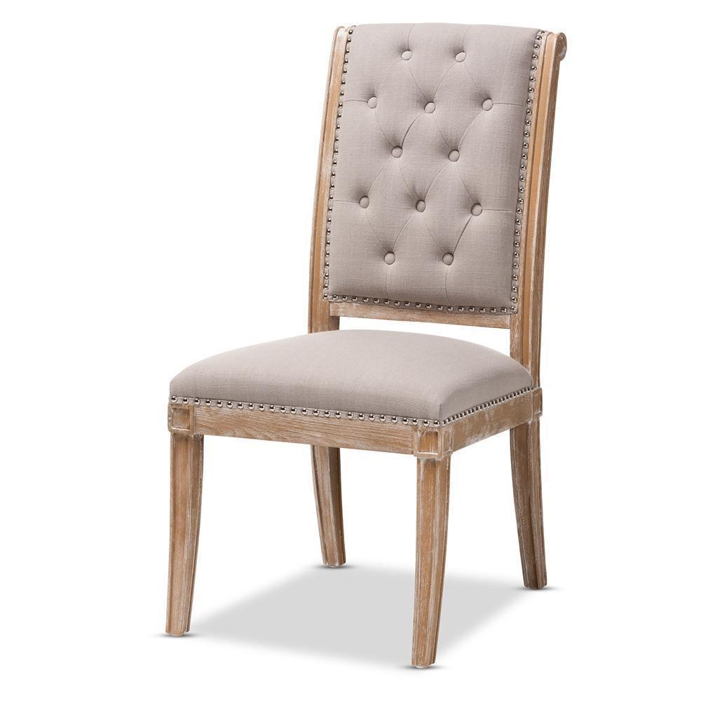 Charmant French Provincial Beige Fabric Upholstered Weathered Oak Finished Wood Dining Chair FredCo