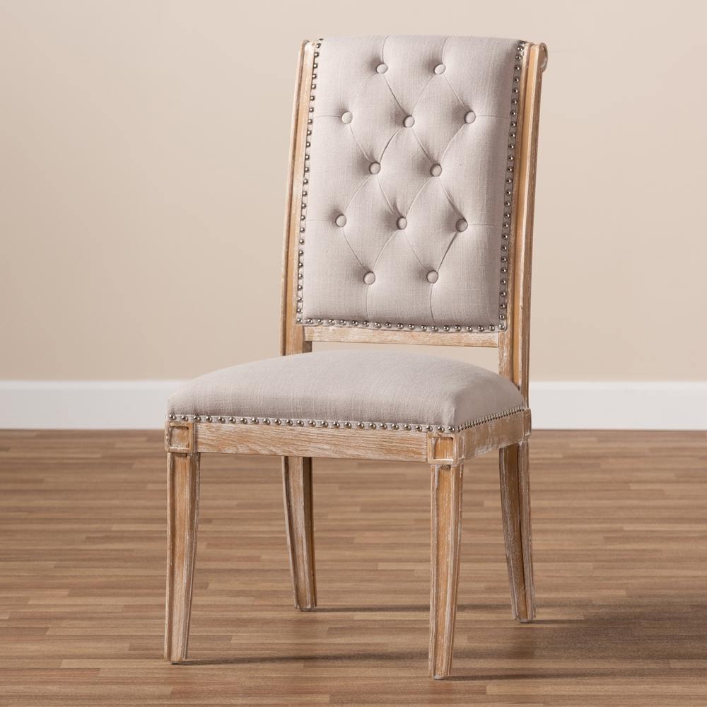 Charmant French Provincial Beige Fabric Upholstered Weathered Oak Finished Wood Dining Chair FredCo