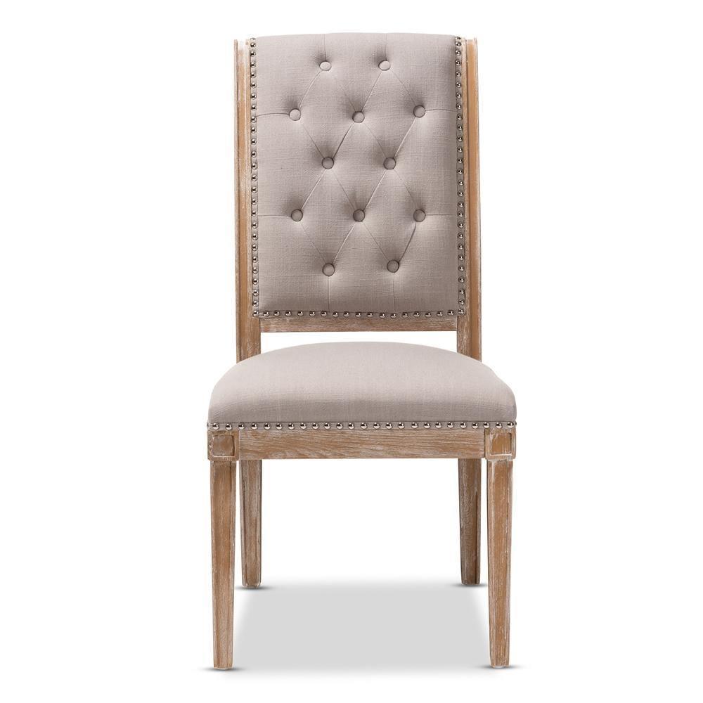 Charmant French Provincial Beige Fabric Upholstered Weathered Oak Finished Wood Dining Chair FredCo