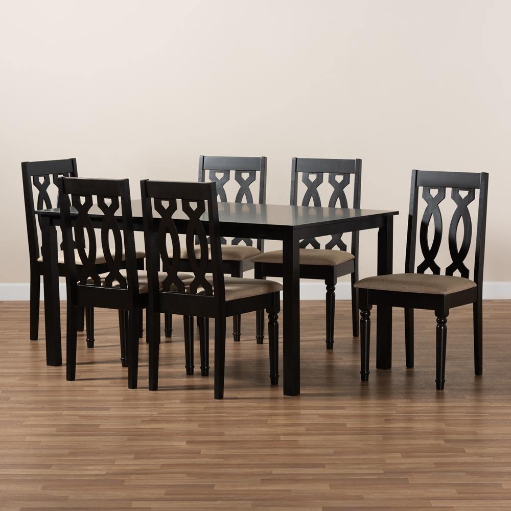 Cherese Modern and Contemporary Sand Fabric Upholstered and Dark Brown Finished Wood 7-Piece Dining Set FredCo