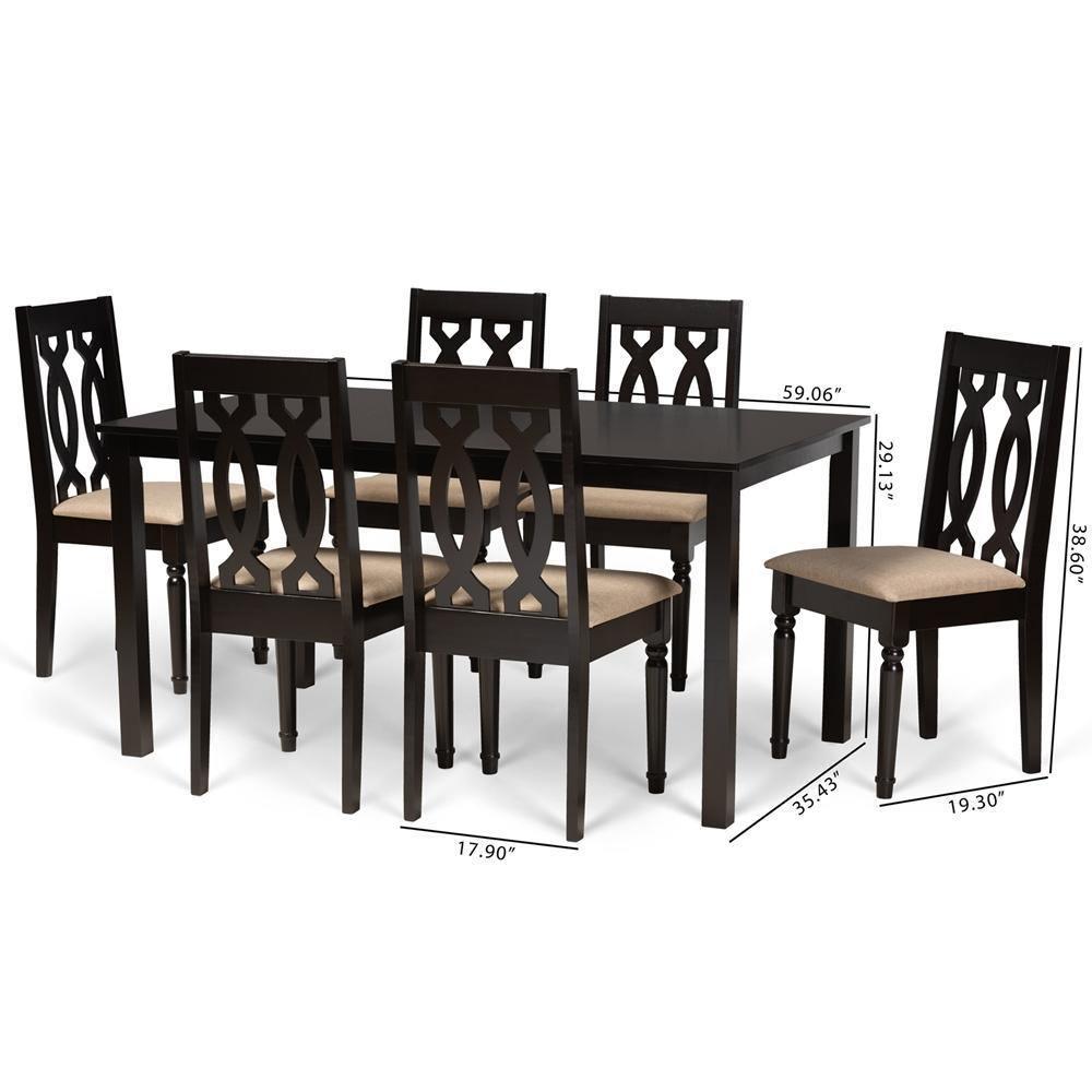 Cherese Modern and Contemporary Sand Fabric Upholstered and Dark Brown Finished Wood 7-Piece Dining Set FredCo