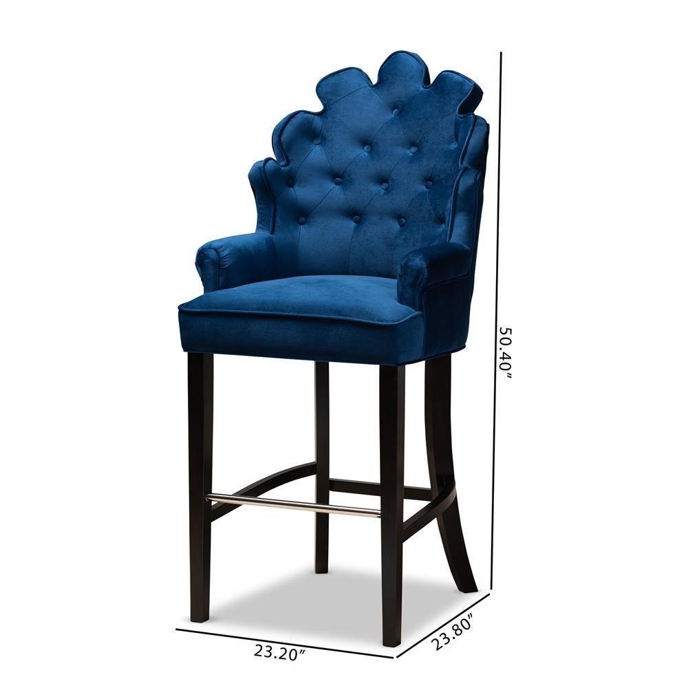 Chloe Modern and Contemporary Navy Blue Velvet Upholstered and Dark Brown Finished Wood 2-Piece Bar Stool Set FredCo