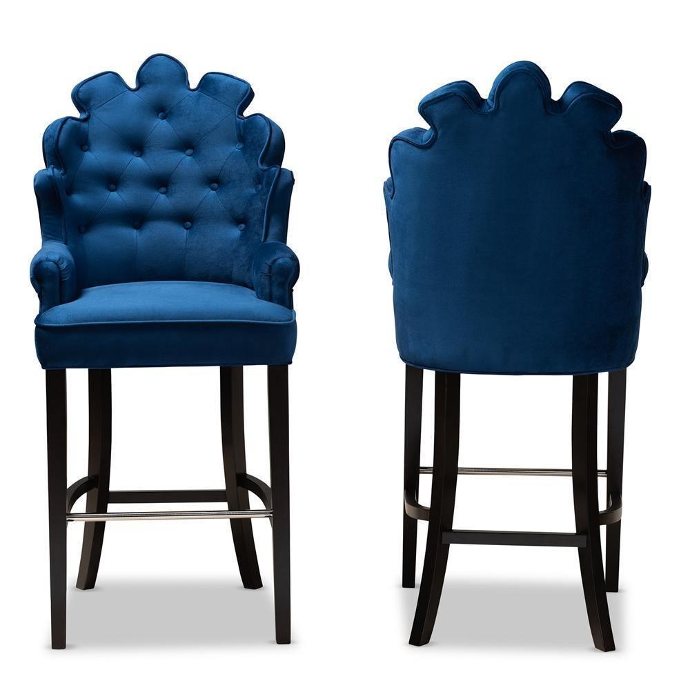 Chloe Modern and Contemporary Navy Blue Velvet Upholstered and Dark Brown Finished Wood 2-Piece Bar Stool Set FredCo