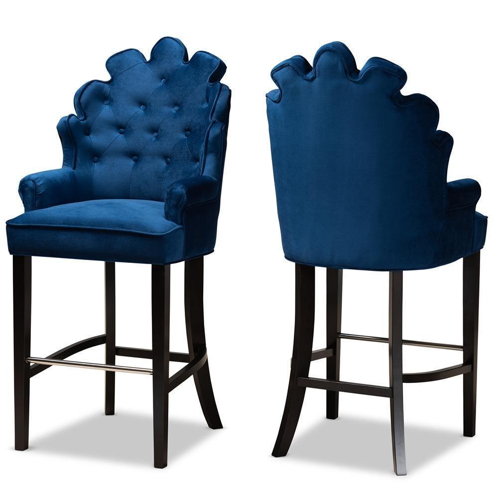 Chloe Modern and Contemporary Navy Blue Velvet Upholstered and Dark Brown Finished Wood 2-Piece Bar Stool Set FredCo