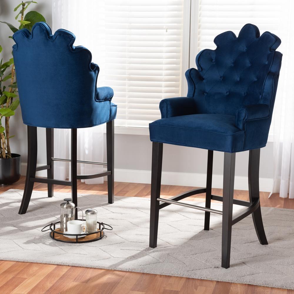 Chloe Modern and Contemporary Navy Blue Velvet Upholstered and Dark Brown Finished Wood 2-Piece Bar Stool Set FredCo