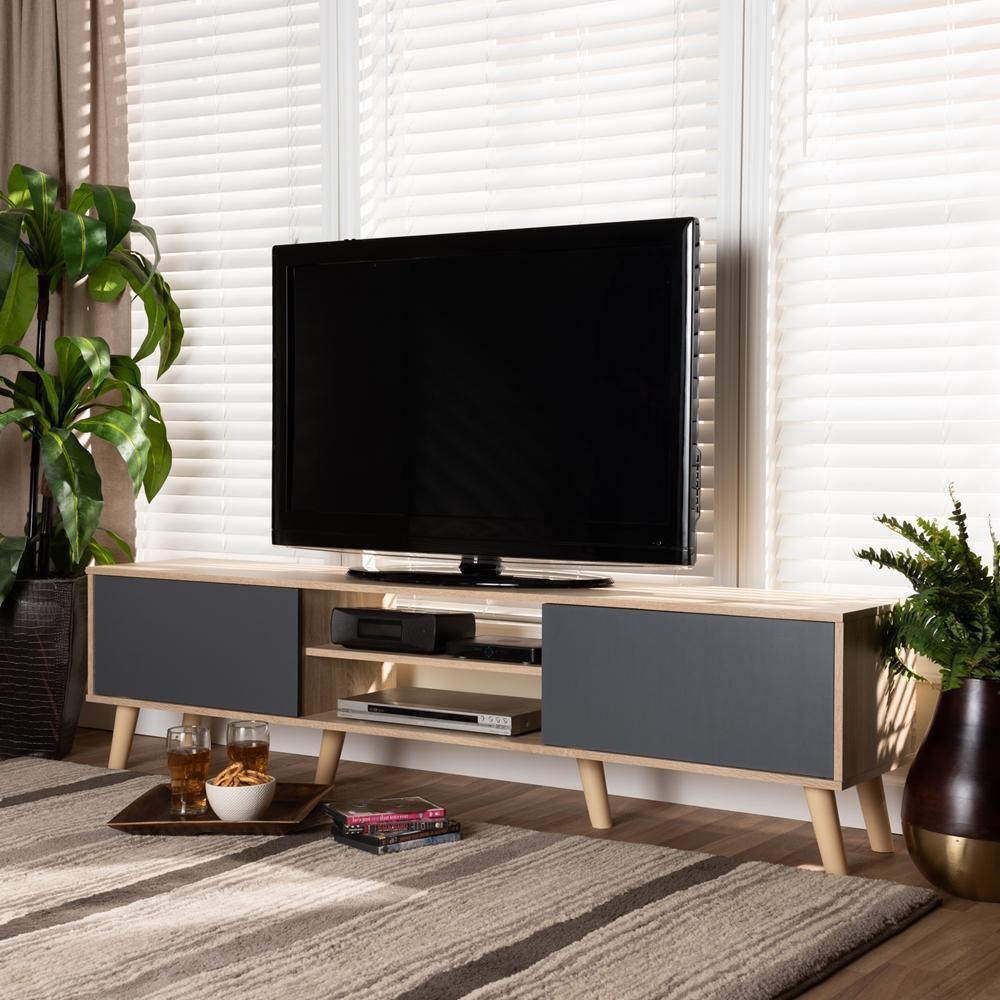 Clapton Modern and Contemporary Two-Tone Grey and Oak Brown Finished Wood TV Stand FredCo