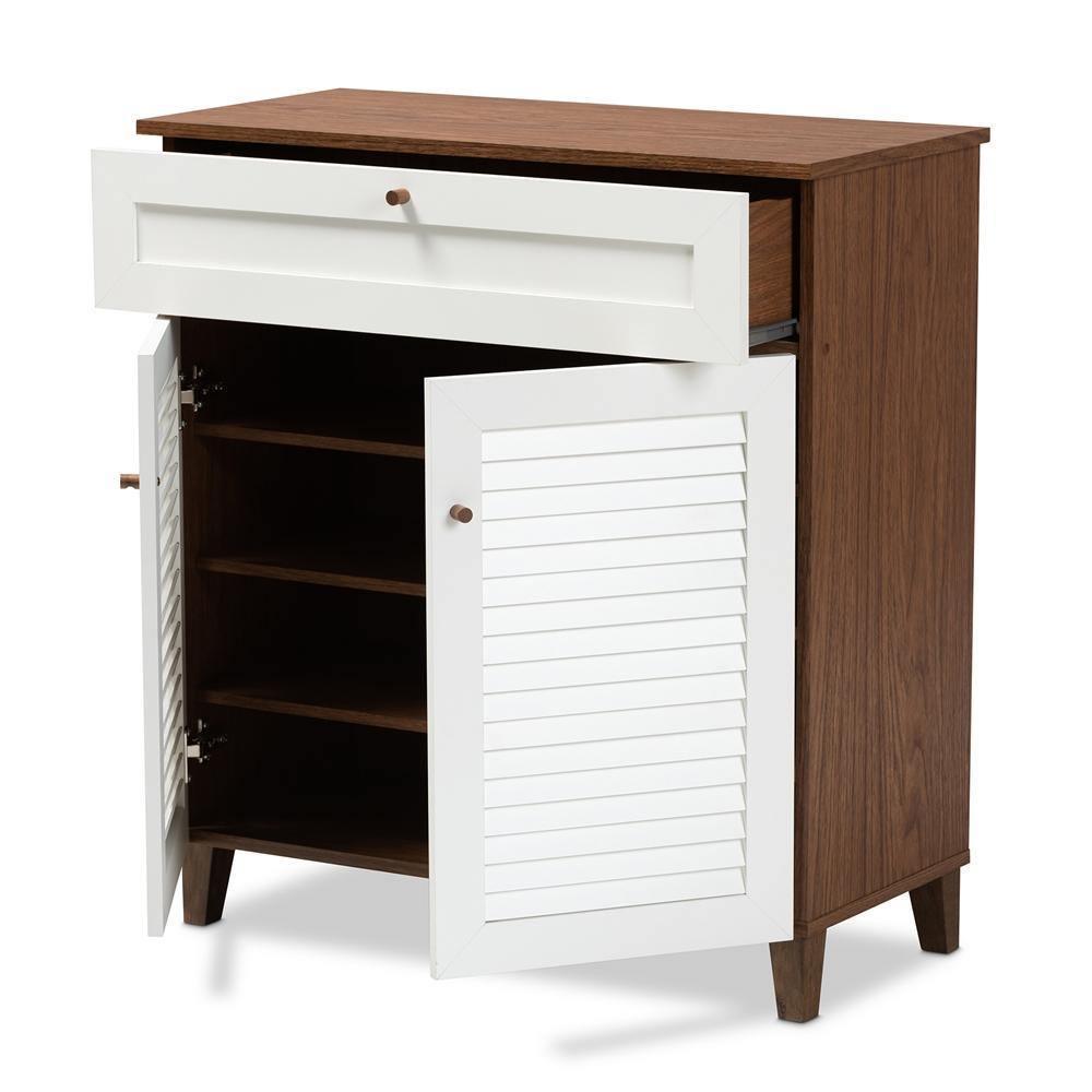 Coolidge Modern and Contemporary White and Walnut Finished 4-Shelf Wood Shoe Storage Cabinet with Drawer FredCo