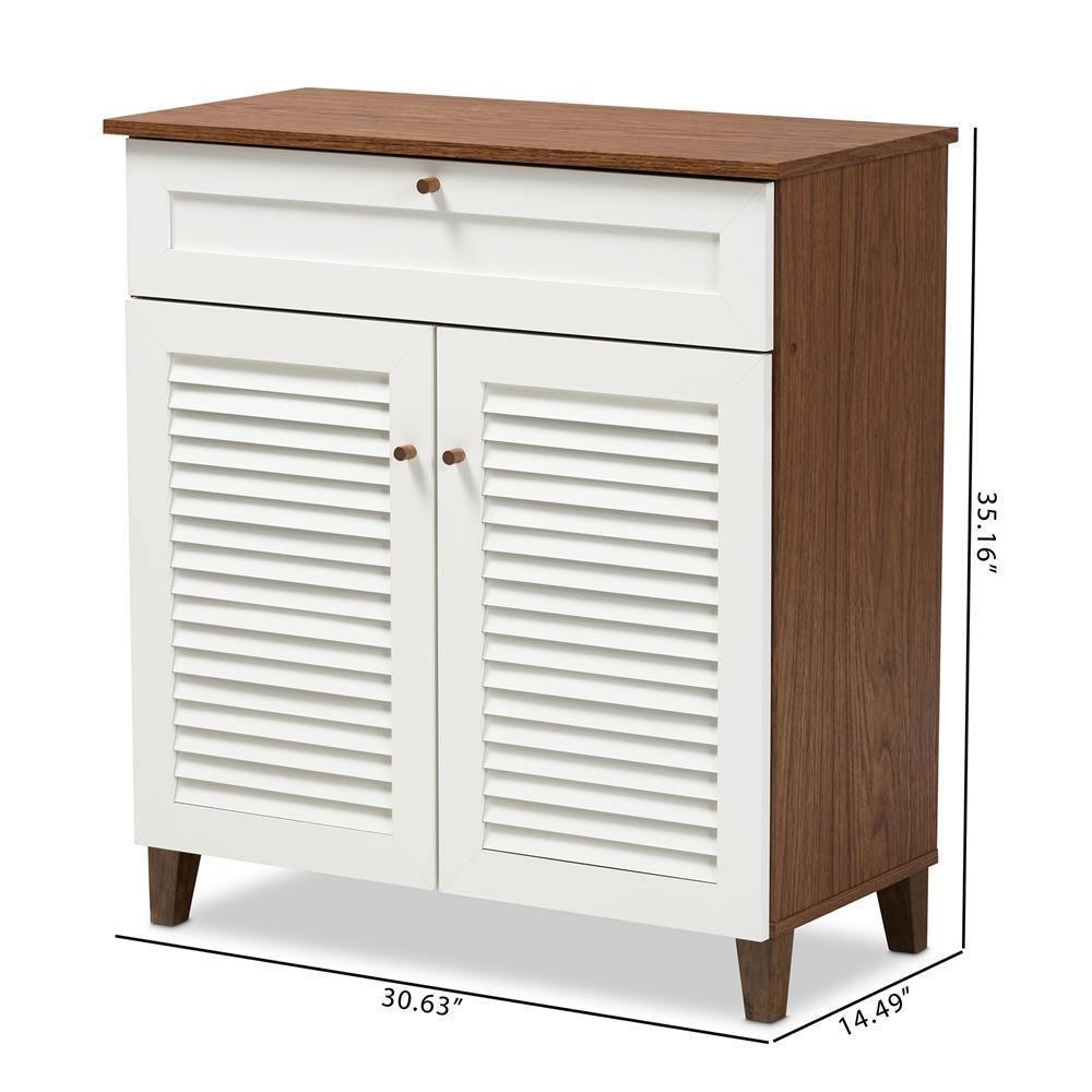 Coolidge Modern and Contemporary White and Walnut Finished 4-Shelf Wood Shoe Storage Cabinet with Drawer FredCo