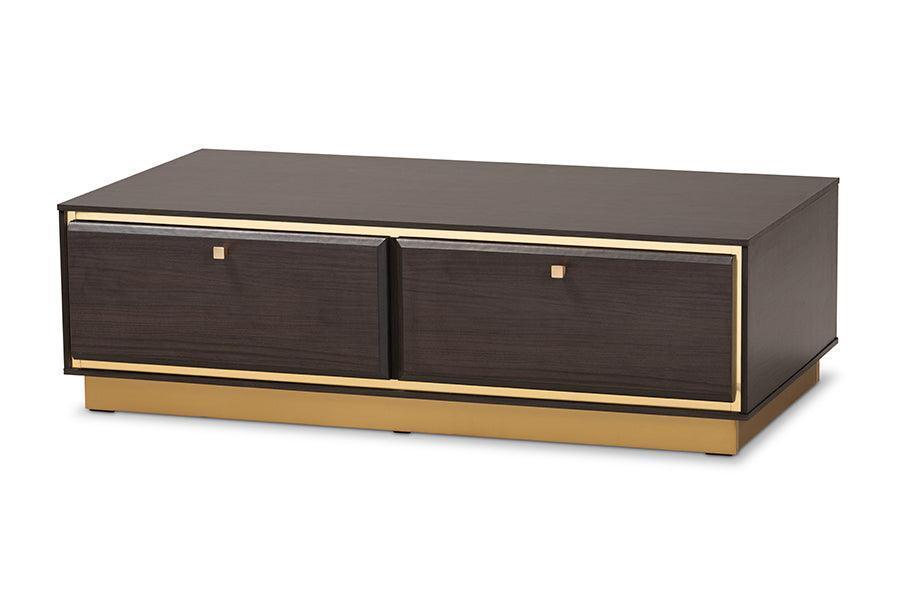 Cormac Mid-Century Modern Transitional Dark Brown Finished Wood and Gold Metal 2-Drawer Coffee Table FredCo