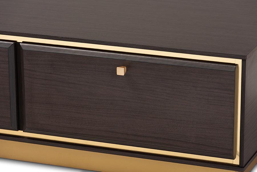 Cormac Mid-Century Modern Transitional Dark Brown Finished Wood and Gold Metal 2-Drawer Coffee Table FredCo