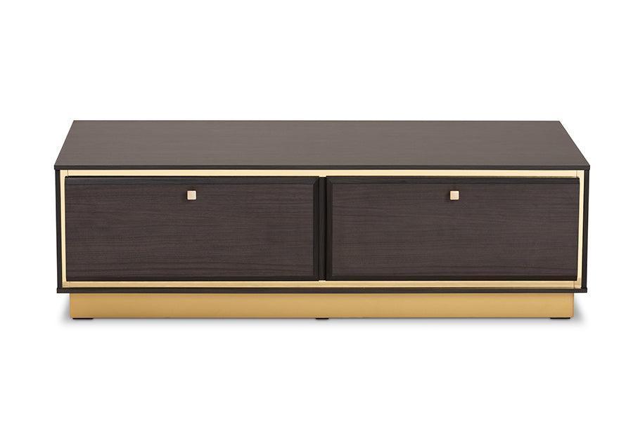 Cormac Mid-Century Modern Transitional Dark Brown Finished Wood and Gold Metal 2-Drawer Coffee Table FredCo