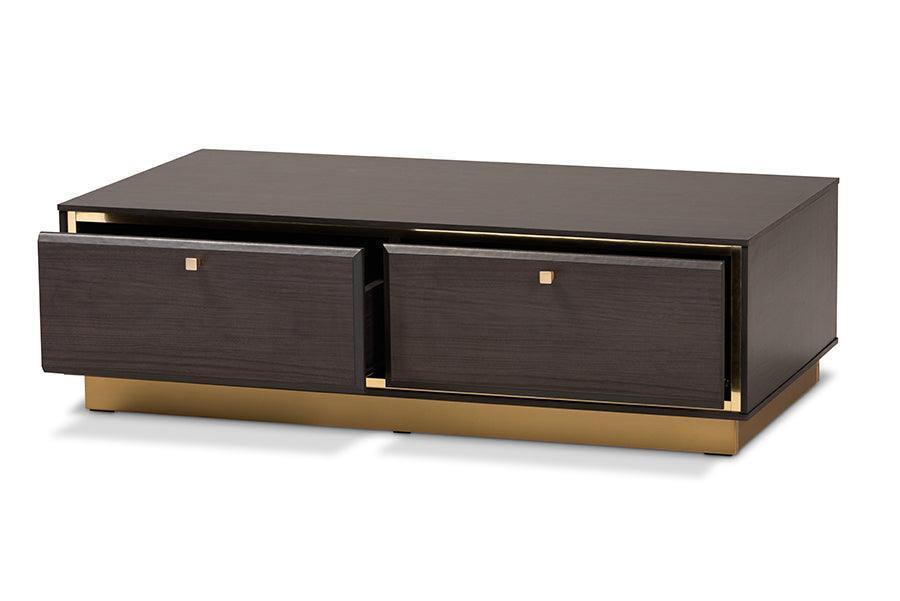 Cormac Mid-Century Modern Transitional Dark Brown Finished Wood and Gold Metal 2-Drawer Coffee Table FredCo