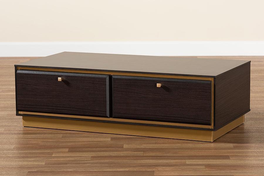 Cormac Mid-Century Modern Transitional Dark Brown Finished Wood and Gold Metal 2-Drawer Coffee Table FredCo