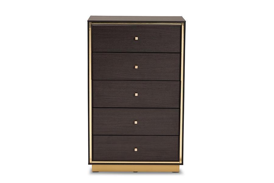Cormac Mid-Century Modern Transitional Dark Brown Finished Wood and Gold Metal 5-Drawer Storage Chest FredCo