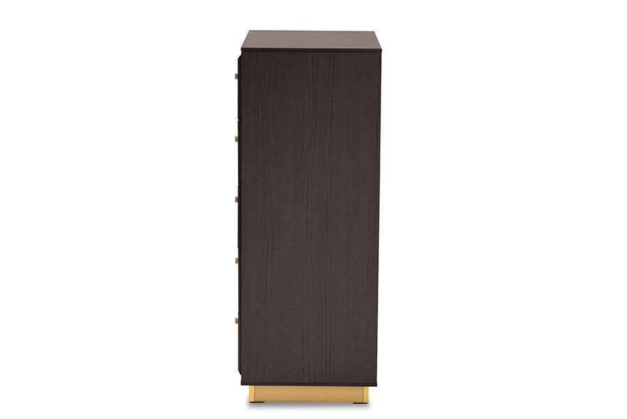 Cormac Mid-Century Modern Transitional Dark Brown Finished Wood and Gold Metal 5-Drawer Storage Chest FredCo