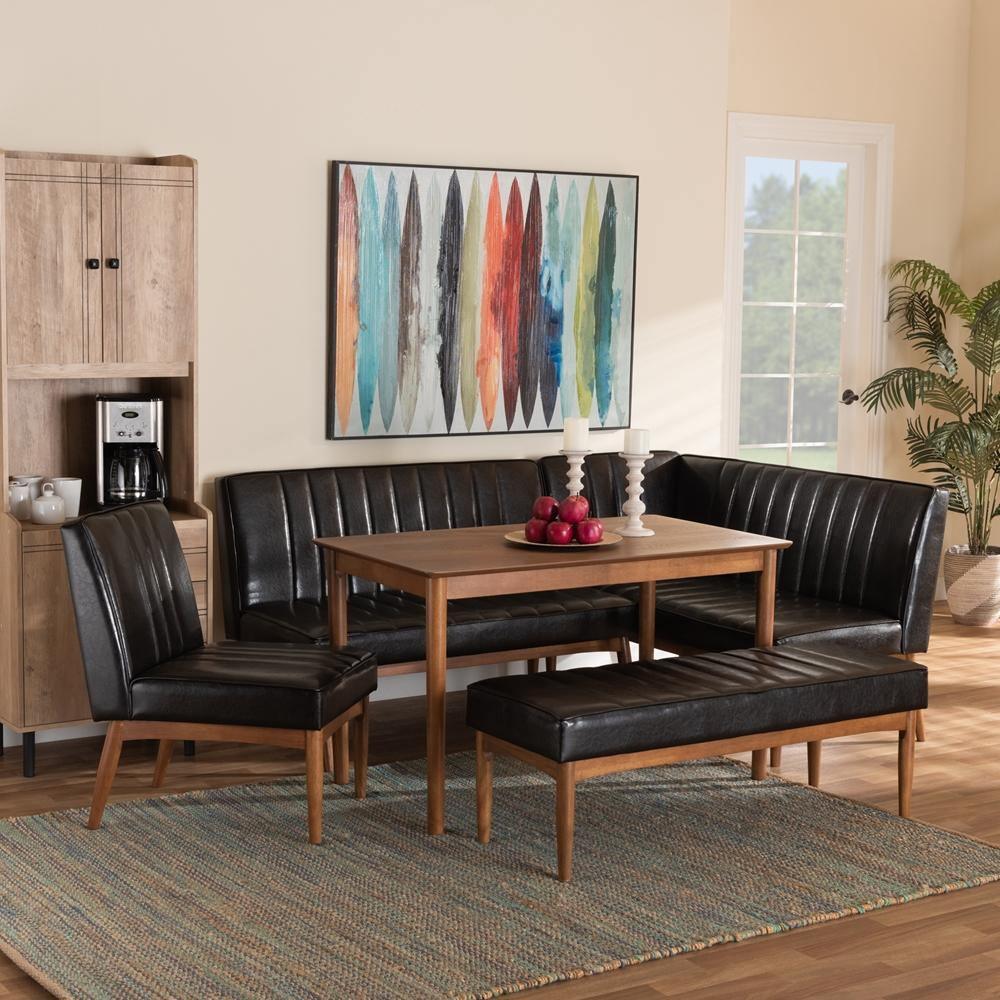 Daymond Mid-Century Modern Dark Brown Faux Leather Upholstered and Walnut Brown Finished Wood 5-Piece Dining Nook Set FredCo