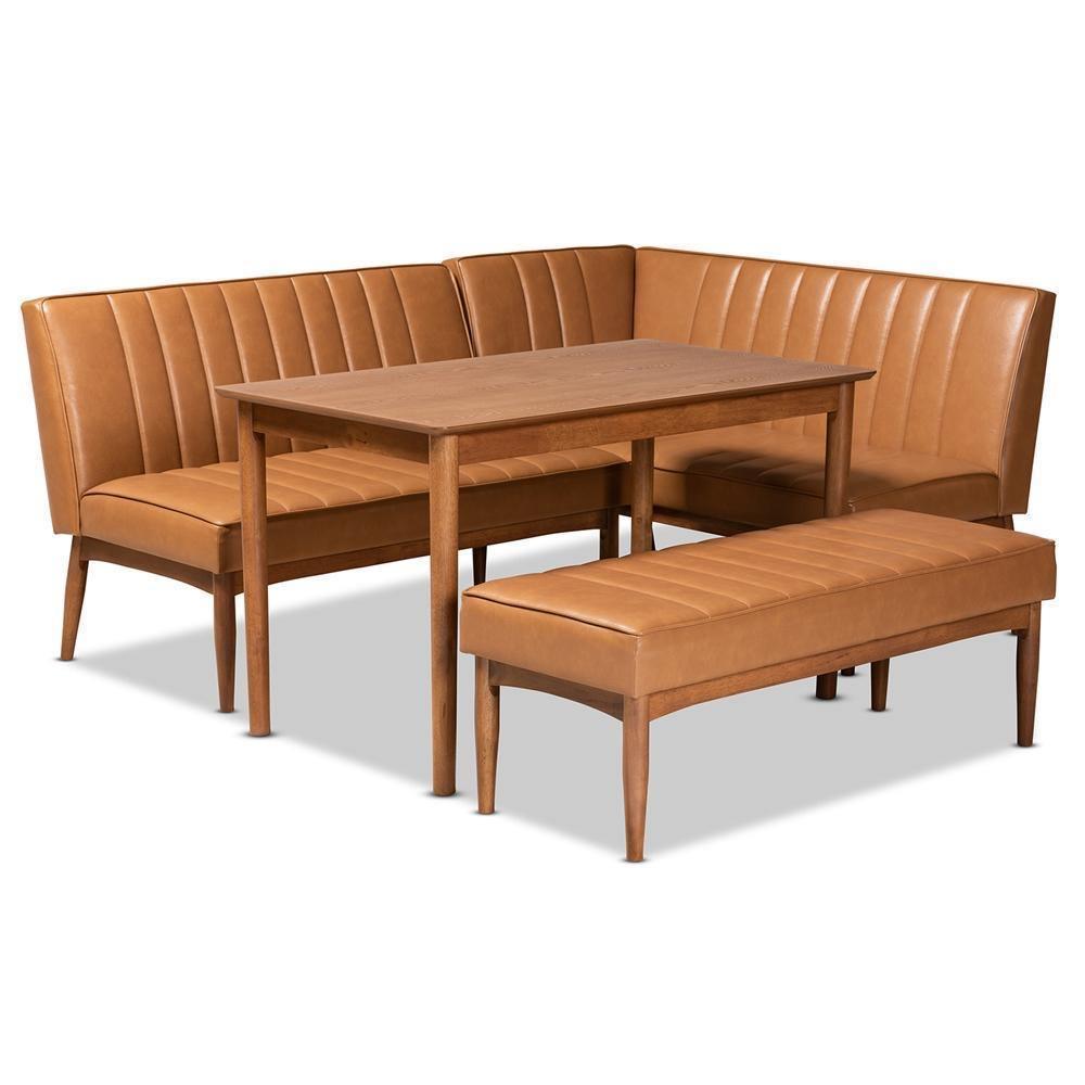 Daymond Mid-Century Modern Tan Faux Leather Upholstered and Walnut Brown Finished Wood 4-Piece Dining Nook Set FredCo