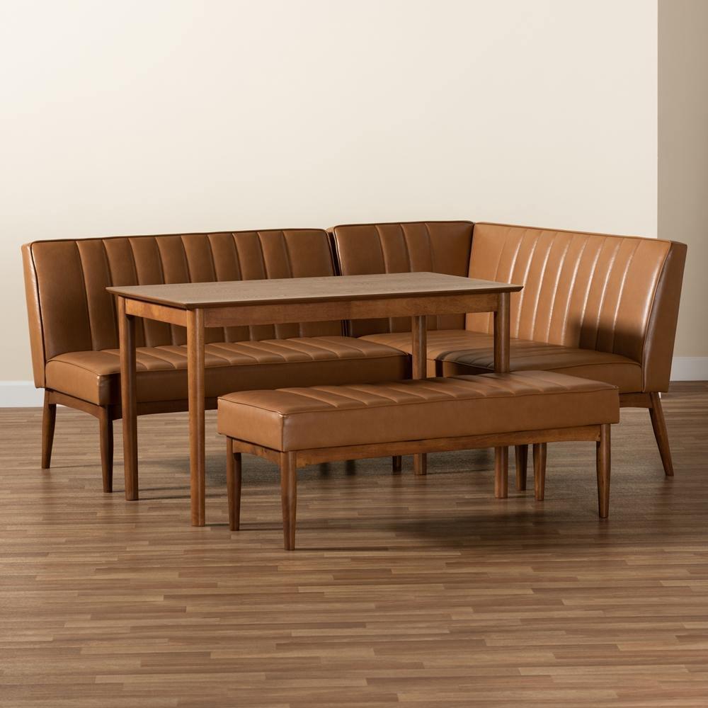 Daymond Mid-Century Modern Tan Faux Leather Upholstered and Walnut Brown Finished Wood 4-Piece Dining Nook Set FredCo