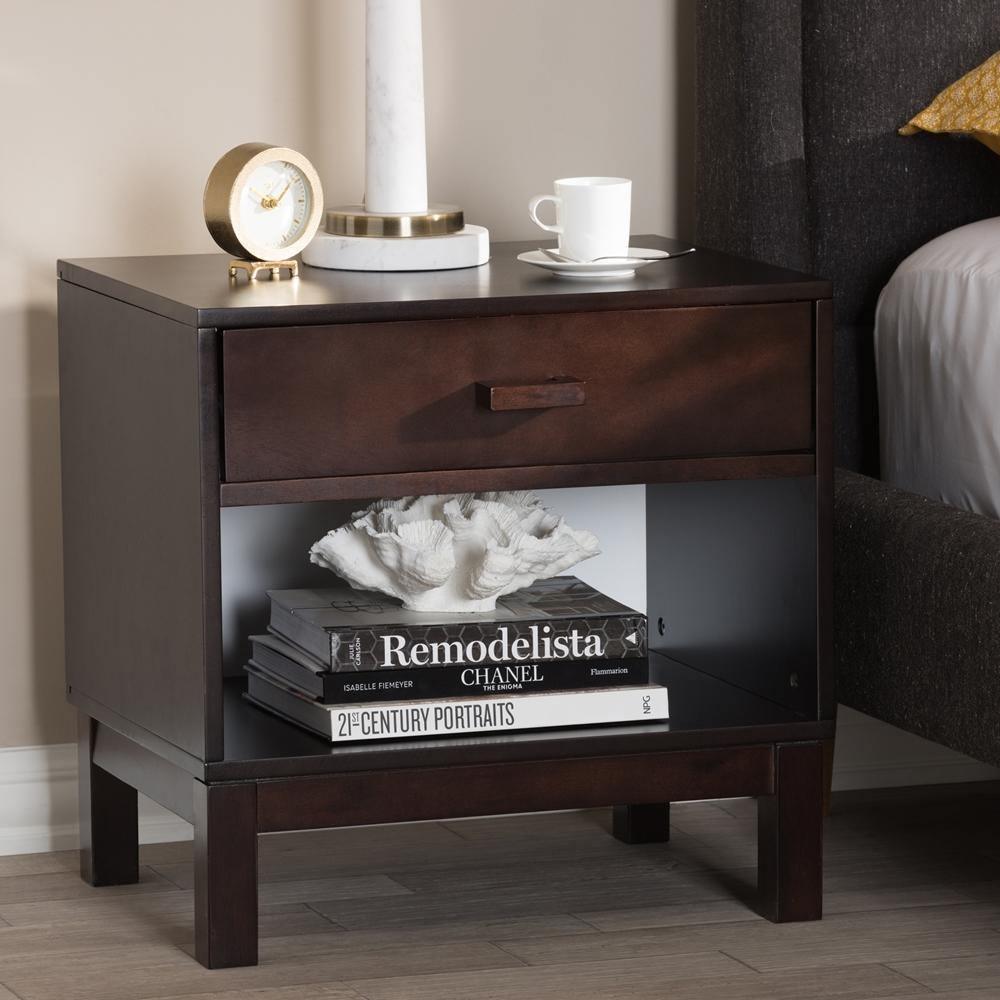 Deirdre Modern and Contemporary Dark Brown Wood 1-Drawer Nightstand FredCo