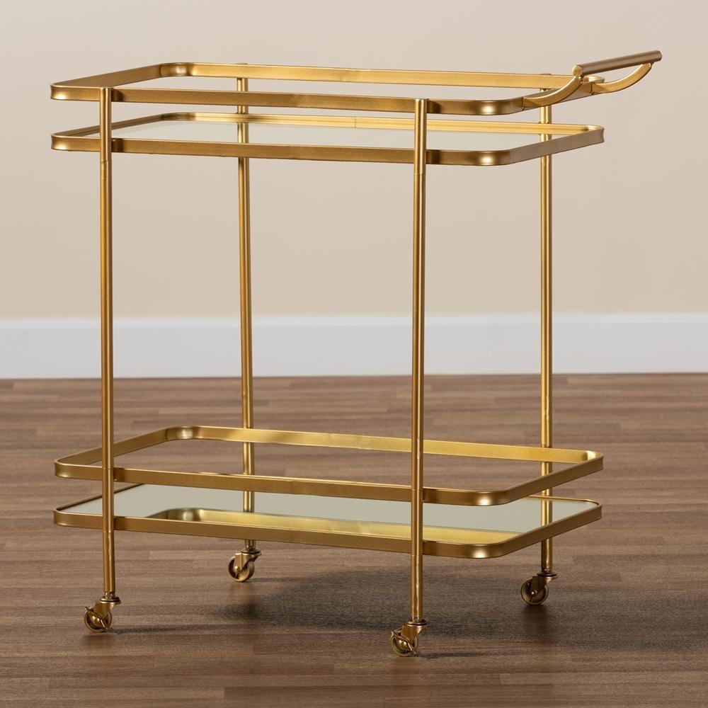 Destin Modern and Contemporary Glam Brushed Gold Finished Metal and Mirrored Glass 2-Tier Mobile Wine Bar Cart FredCo