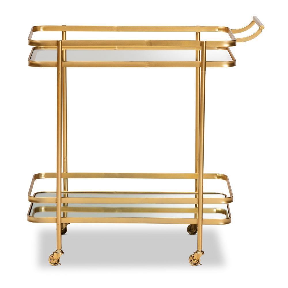 Destin Modern and Contemporary Glam Brushed Gold Finished Metal and Mirrored Glass 2-Tier Mobile Wine Bar Cart FredCo